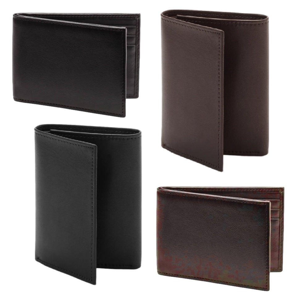 Four leather wallets, two black and two brown, in different styles.